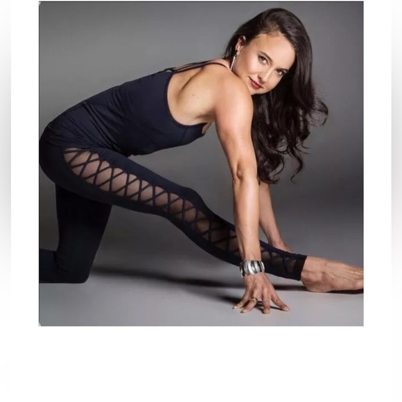Women's Black Leggings with Mesh Detail - Picture 1 of 11